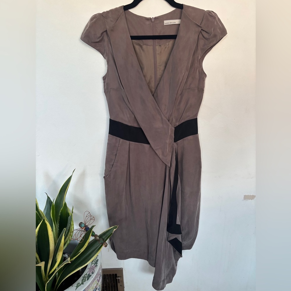 Karen Millen cupro draped midi dress  taupe/black waistband silk Zipper Back SZ4